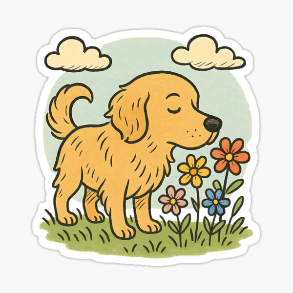 Item preview, Cute Golden Retriever Sniffing Flowers – Vintage Hand-Drawn Dog Meadow Art  designed and sold by Golden-Heaven.
