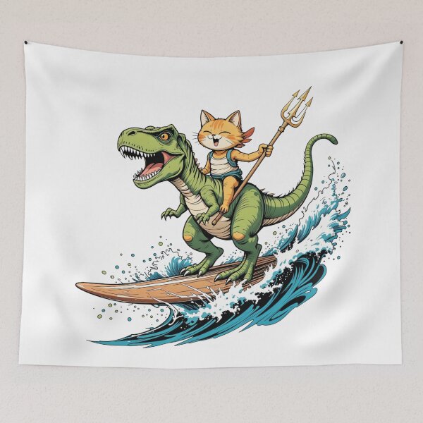 Item preview, Funny Surfing Cat and Dinosaur - Epic Adventure Cartoon designed and sold by latelierdechris.