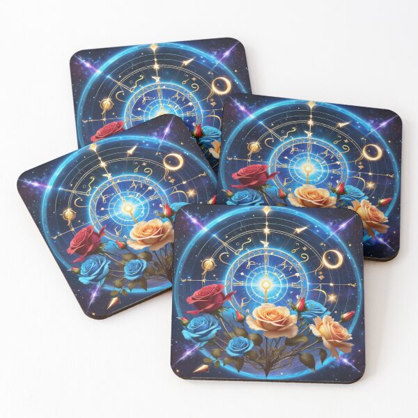 Item preview, Blue Laser Circle Around Ancient Golden Symbols And Roses designed and sold by Melantari Vizuns.