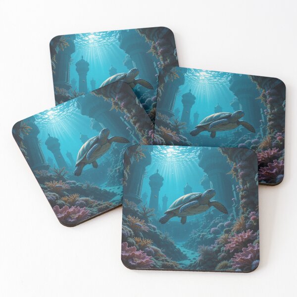Item preview, turtle glides gracefully through an underwater city designed and sold by InezPhotography.