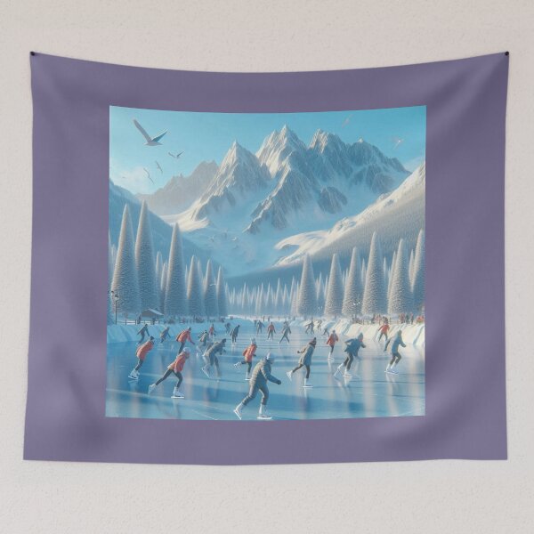 Item preview, Frozen Lake Skating Scene Snowy Mountains Print designed and sold by choder61.