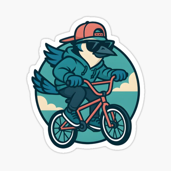 Item preview, BMX Jay Sticker – Cool Blue Jay Bird on a Bike in Vector Circle Style designed and sold by WAUZ.