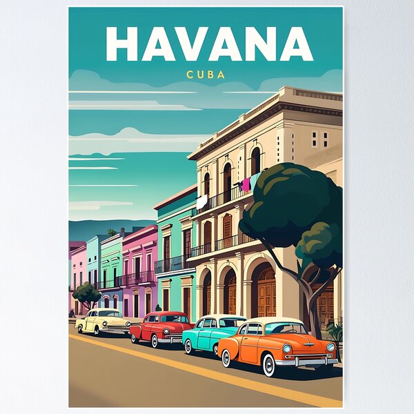 Item preview, Vibrant Cartoon Havana Street Scene with Classic Cars Poster designed and sold by FestivityFinds.