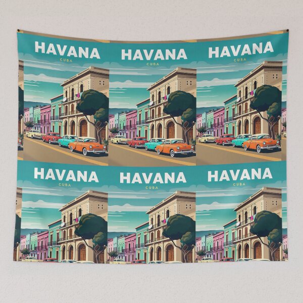 Item preview, Vibrant Cartoon Havana Street Scene with Classic Cars Poster designed and sold by FestivityFinds.