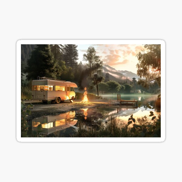 Item preview, Vanlife campfire by the lake – nature adventure camping scene designed and sold by Rudelwerkdesign.