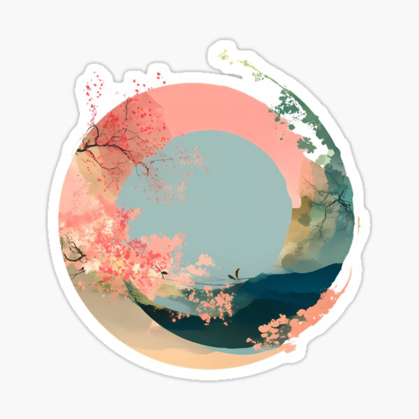 Item preview, Zen Enso with Sakura and Japanese Landscape – Minimal Ink Wash Style designed and sold by Kawaii Drops .