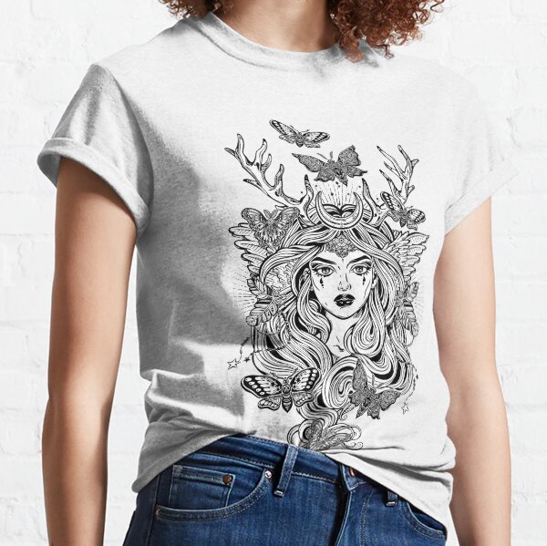 Shaman elf magic woman with deer antlers and long hair, nightn moths and butterflies. Classic T-Shirt