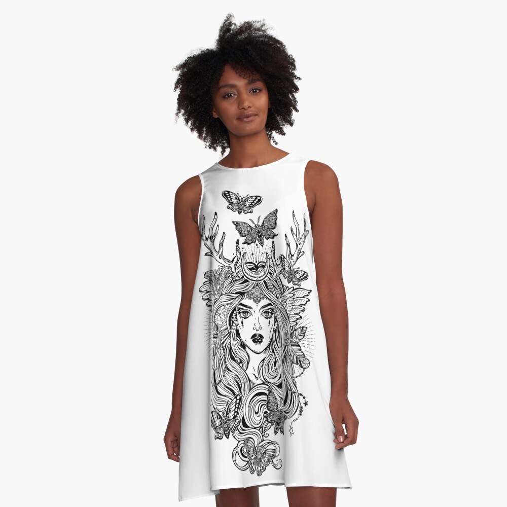 Shaman elf magic woman with deer antlers and long hair, nightn moths and butterflies. A-Line Dress