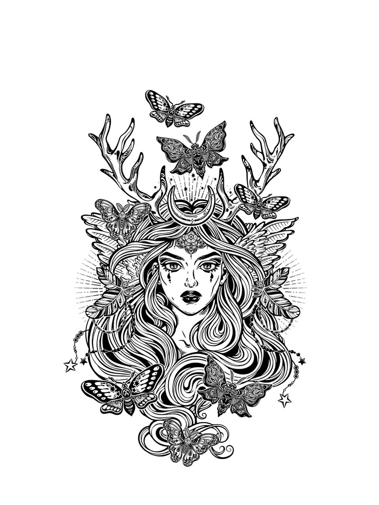 Shaman elf magic woman with deer antlers and long hair, nightn moths and butterflies. by KatjaGerasimova