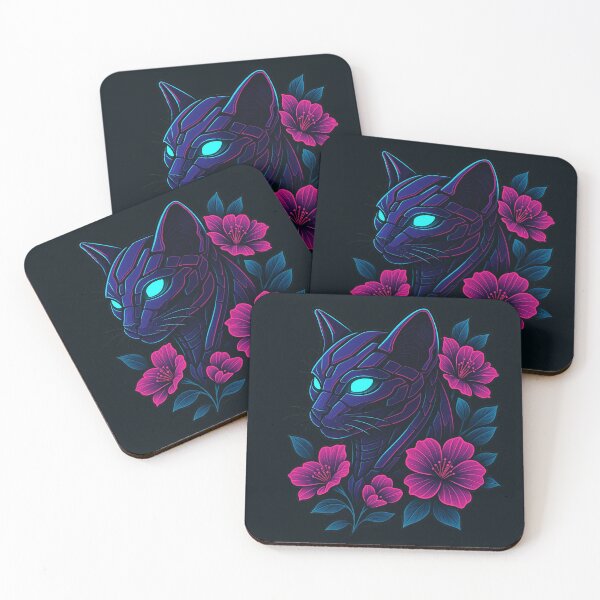 Item preview, CyberFlora Cat – Futuristic Neon Robot Cat with Flowers designed and sold by Coolector.