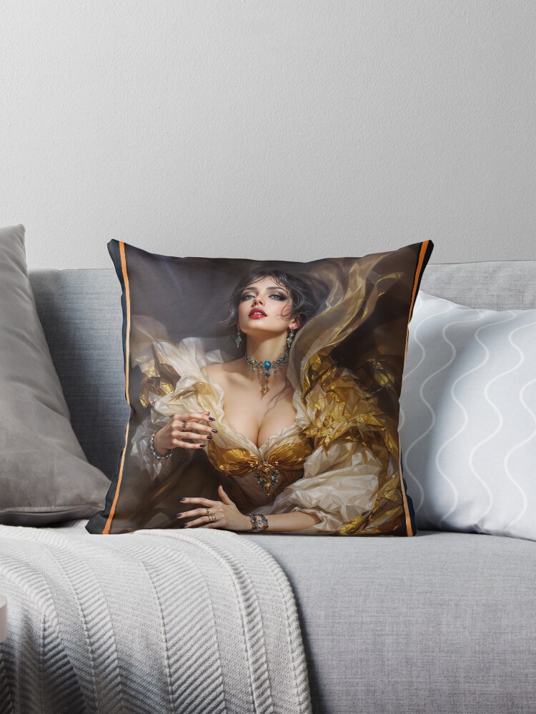 An Opulent Golden Symphony, Of Marceline Alarice Emerging From Shadow Mesmerizing AI Concept Art by Xzendor7 Decorative Art Print Throw Pillow