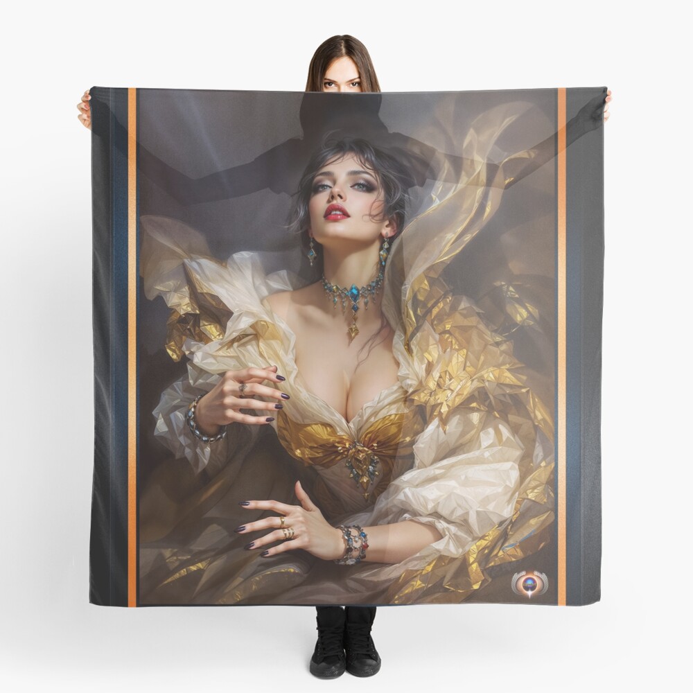 An Opulent Golden Symphony, Of Marceline Alarice Emerging From Shadow Mesmerizing AI Concept Art by Xzendor7 Decorative Art Print Women's Scarf