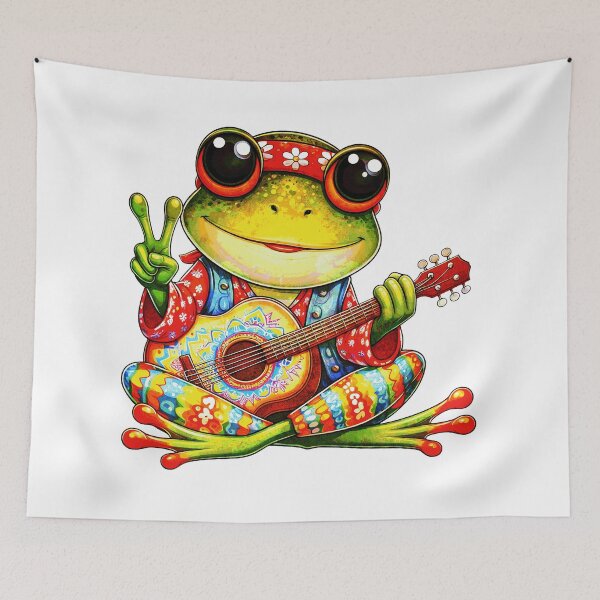Item preview, Groovy Hippie Frog Playing Guitar – Psychedelic 70s Cartoon Animal Design designed and sold by elisarasada.