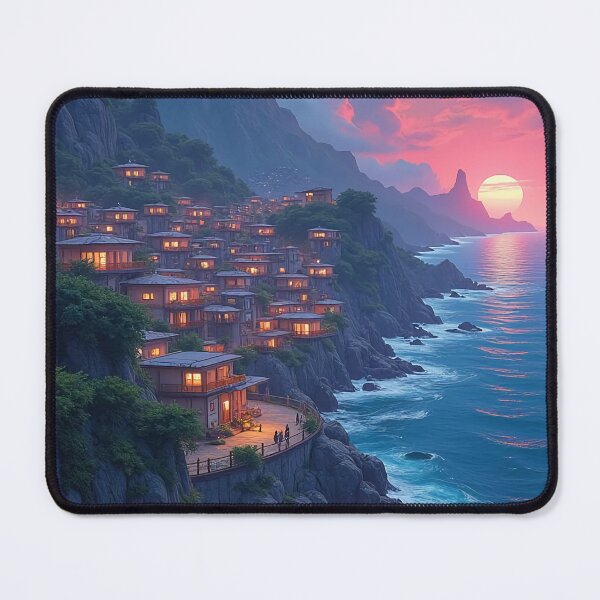 Item preview, Cliffside Ocean Town – Sunset Seaside Fantasy Art designed and sold by DreamCraze.