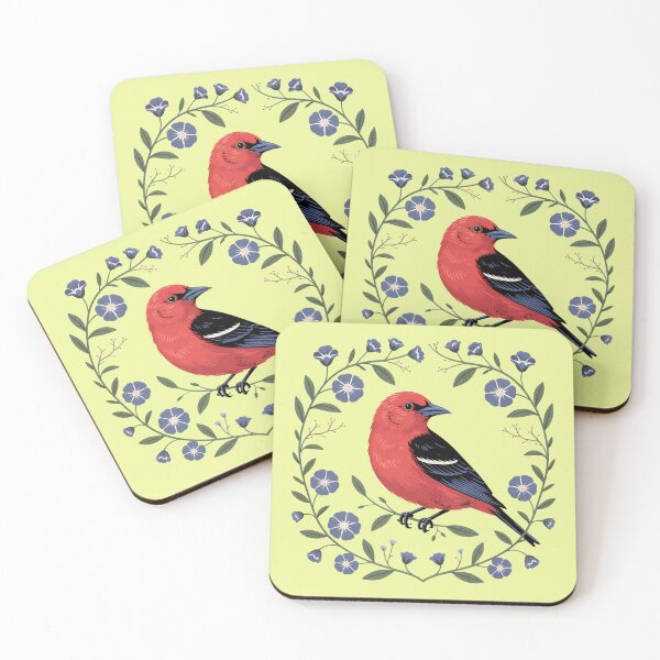 Item preview, Scarlet Tanager with Blue Blossoms designed and sold by BirdsnStuff.