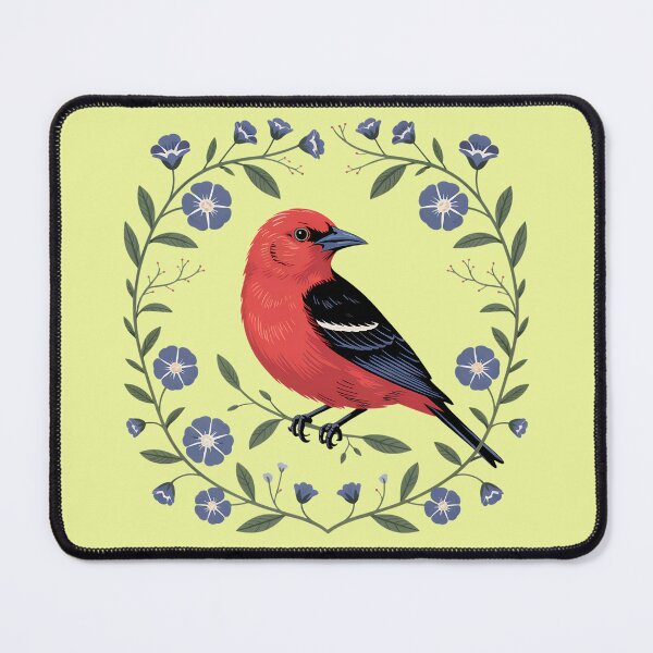 Item preview, Scarlet Tanager with Blue Blossoms designed and sold by BirdsnStuff.
