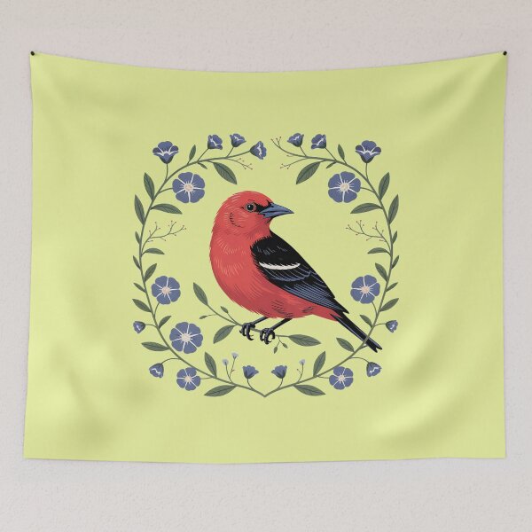 Item preview, Scarlet Tanager with Blue Blossoms designed and sold by BirdsnStuff.