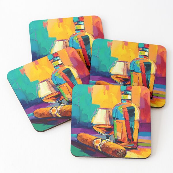 Item preview, Unwind in Style with a Colorful Pour and a Cuban Bold Cigar on a Vibrant Abstract Table Digital AI Generated Art designed and sold by OlfactoART Studio.