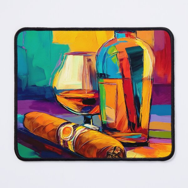 Artikelvorschau, Entspannen Sie stilvoll mit einem farbenfrohen Glas und einer kräftigen kubanischen Zigarre auf einem lebendigen abstrakten Tisch. Digitale, KI-generierte Kunst entworfen und verkauft von OlfactoART Studio.