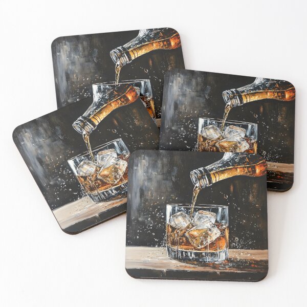 Item preview, Capture the Moment - Whiskey Pouring Over Ice with Shimmering Detail Against a Dark, Moody Background designed and sold by OlfactoART Studio.