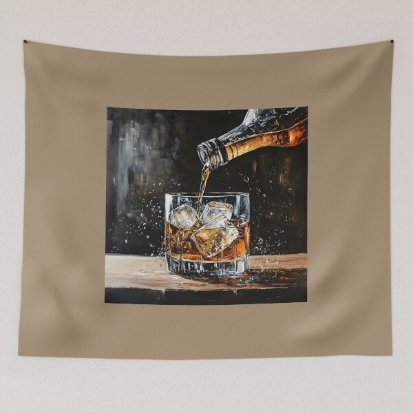 Item preview, Capture the Moment - Whiskey Pouring Over Ice with Shimmering Detail Against a Dark, Moody Background designed and sold by OlfactoART Studio.