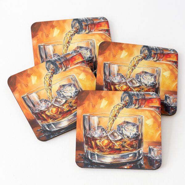 Item preview, Pouring the Perfect Drink - Ice and Whisky Meet in a Vibrant Glow Abstract Digital AI Generated Art designed and sold by OlfactoART Studio.