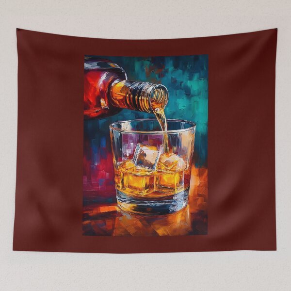 Item preview, Pouring with Style - Golden Whiskey Cascades into Ice Amid a Bold and Elegant Backdrop designed and sold by OlfactoART Studio.