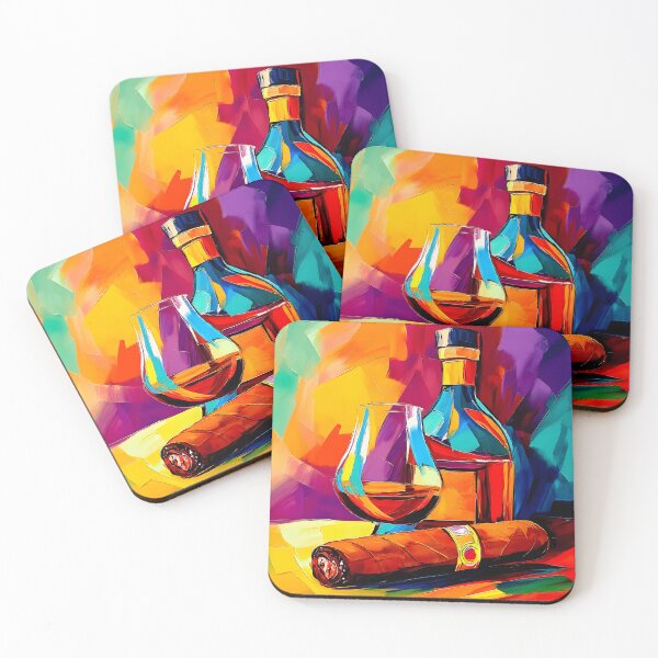 Item preview, Celebrate the Moment with a Bold Cigar and a Glass of Liquid Gold on a Vivid Abstract Canvas designed and sold by OlfactoART Studio.