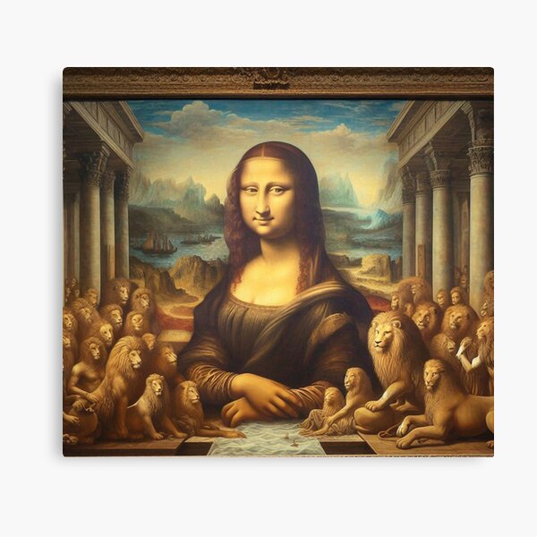 Vista previa del artículo con la obra «Majestad Renacentista: La Mona Lisa entre Leones», diseñado y vendido por Bit Canvas.