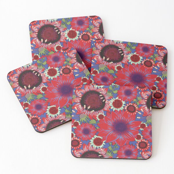 Item preview, Boho Sunflower Bliss bright red blue soft greens on blue designed and sold by phatlizzardart.