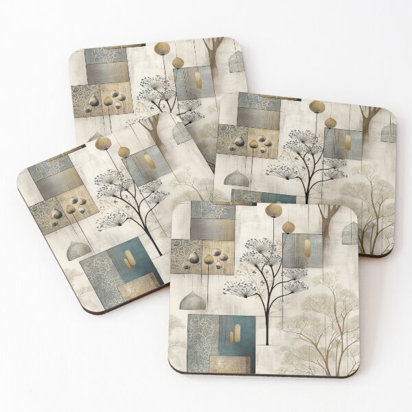 Item preview, Textured Botanical Panel Design – Abstract Nature Composition with Trees and Seeds in Gold and Teal designed and sold by Moisky Patterns.