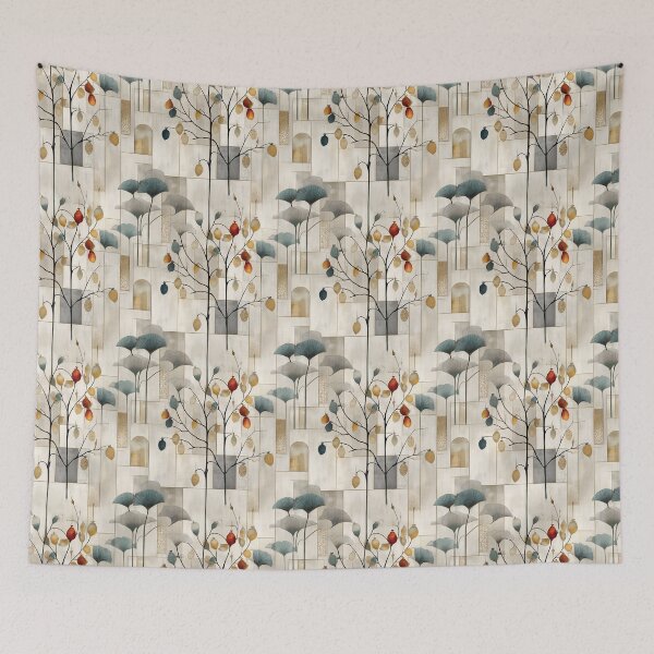 Item preview, Architectural Botanical Harmony – Stylized Tree and Leaf Pattern with Geometric Blocks in Earth Tones designed and sold by Moisky Patterns.