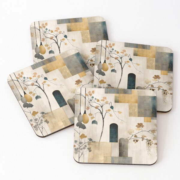 Item preview, Golden Courtyard Serenity – Botanical Wall Art with Arches and Hanging Pods in Warm Geometric Layers designed and sold by Moisky Patterns.