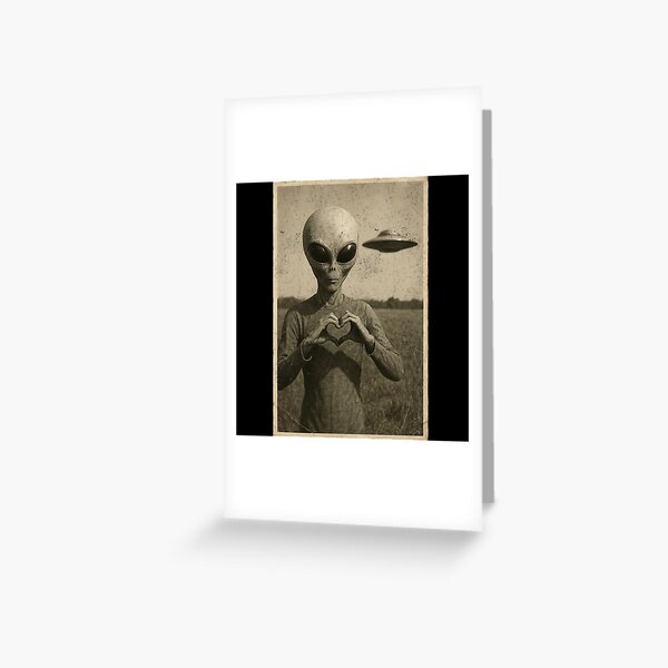 Item preview, Vintage Alien Love Photo – Retro UFO Encounter Heart Hands Art designed and sold by Mystikos Art.