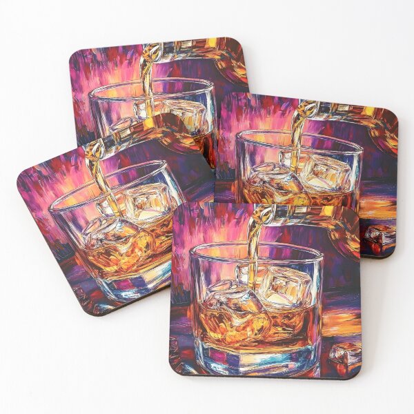 Item preview, Pour the Glow - Rich Amber Whiskey and Ice Cubes Framed by a Vivid Symphony of Color designed and sold by OlfactoART Studio.