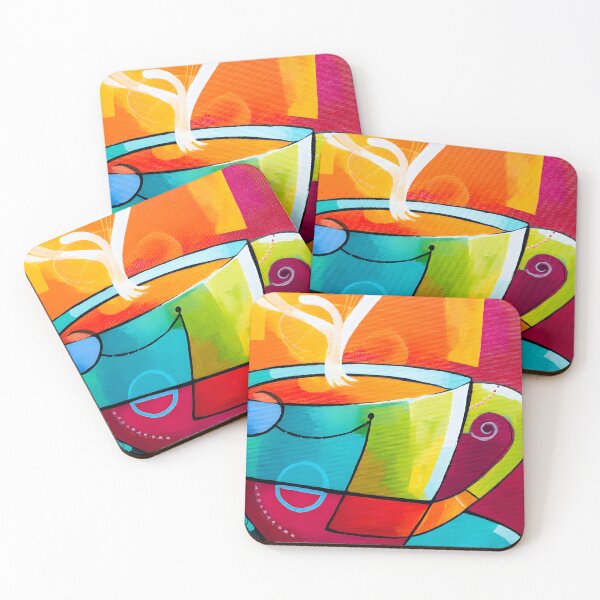 Item preview, Steaming Delight - Playful Geometric Coffee Mug Set Against a Vibrant Background of Orange and Pink designed and sold by OlfactoART Studio.