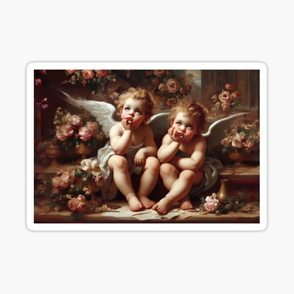 Item preview, Bored Cherubs, Thinking Cupids, Raphael-Style Angel Art, Rococo Floral Twins, Victorian Painting Print designed and sold by Anticulture.