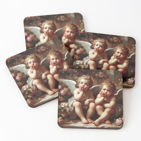 Item preview, Bored Cherubs, Thinking Cupids, Raphael-Style Angel Art, Rococo Floral Twins, Victorian Painting Print designed and sold by Anticulture.