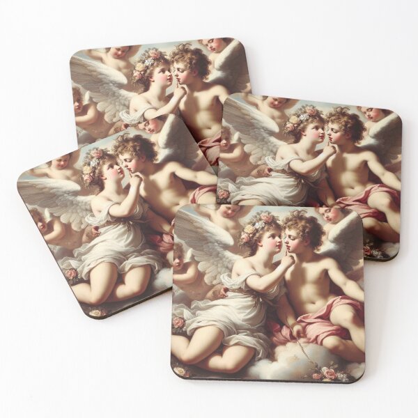 Item preview, Mythology Cupid and Psyche, Lovers Putti, Valentine Cherubs Rococo Angel Baroque Floral Painting designed and sold by Anticulture.