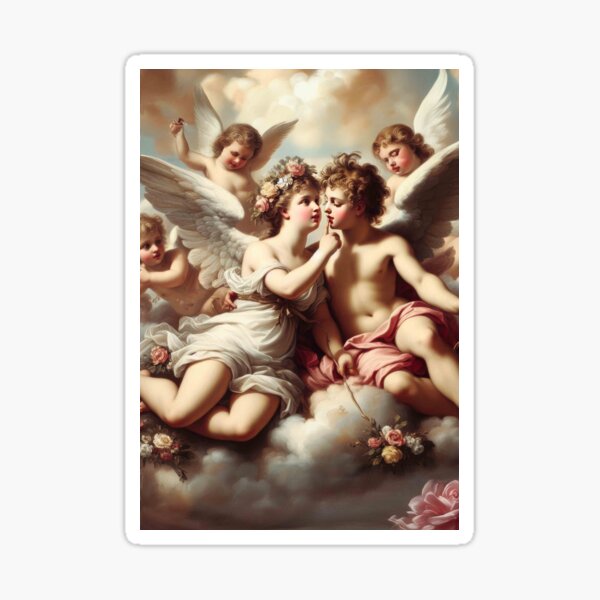 Aperçu de l'œuvre Mythologie Cupidon et Psyché, Amants Putti, Chérubins de la Saint-Valentin Ange Rococo Peinture florale baroque créée et vendue par Anticulture.