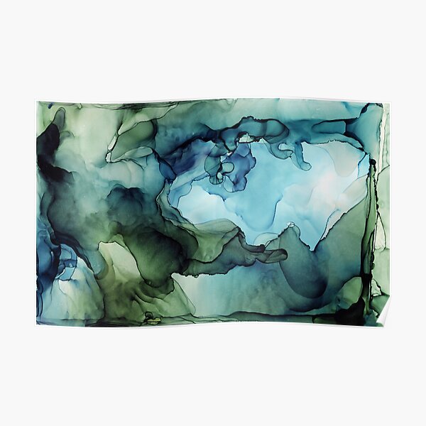 Land and Water Ink Abstract Painting Blues and Greens Poster