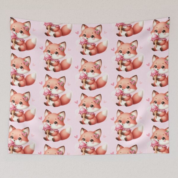 Item preview, PINK ICE Cute Fox Eating Pink Ice Cream designed and sold by CrystalsArtPaws.