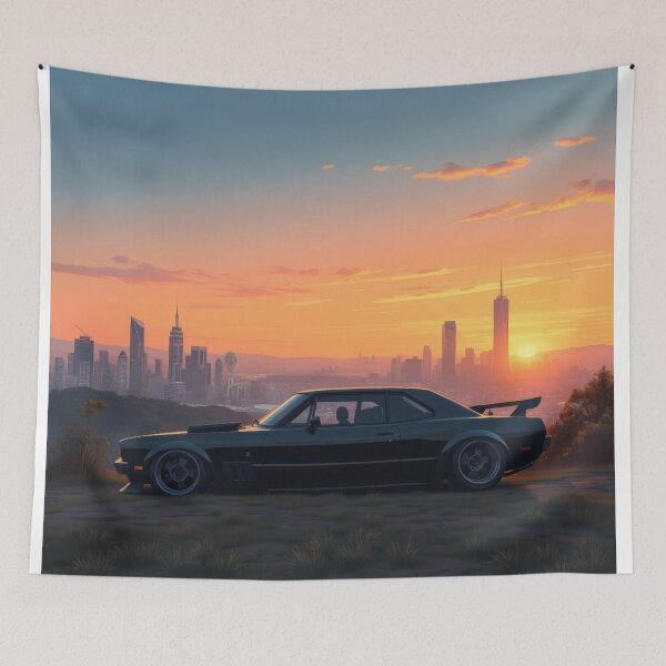 Item preview, Black Nissan Skyline in front of a city, anime art designed and sold by Salimgor Hangaround Music.