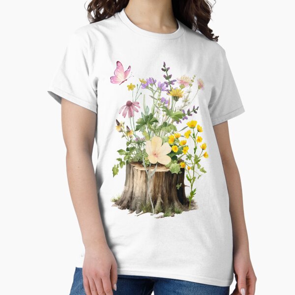 Artikel-Vorschau von Wunderliche Wildblumen und Schmetterling auf Baumstumpf Illustration, designt und verkauft von Nadia-joy.