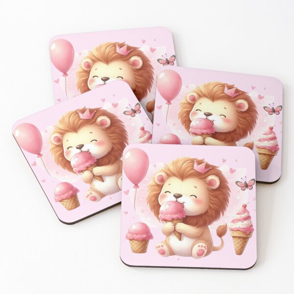 Item preview, PINK ICE Cute Lion Eating Pink Ice Cream with balloon and a butterfly  designed and sold by CrystalsArtPaws.