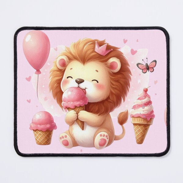 Item preview, PINK ICE Cute Lion Eating Pink Ice Cream with balloon and a butterfly designed and sold by CrystalsArtPaws.