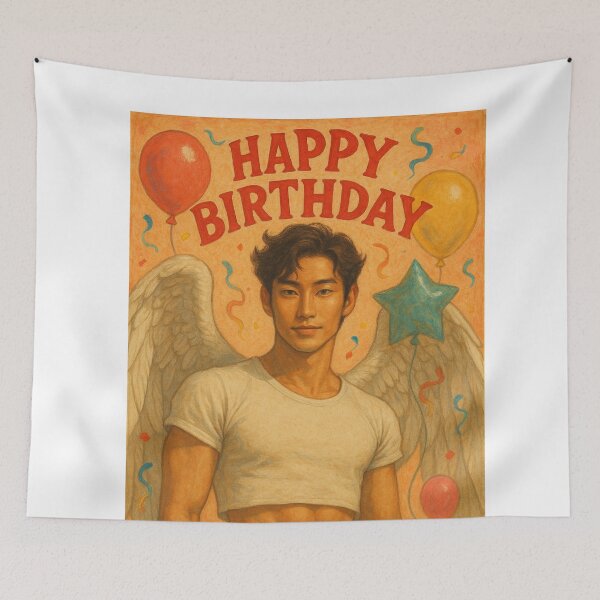 Item preview, Birthday Angel with Balloons and Abs – Winged Asian Man Celebration designed and sold by Aryabek.