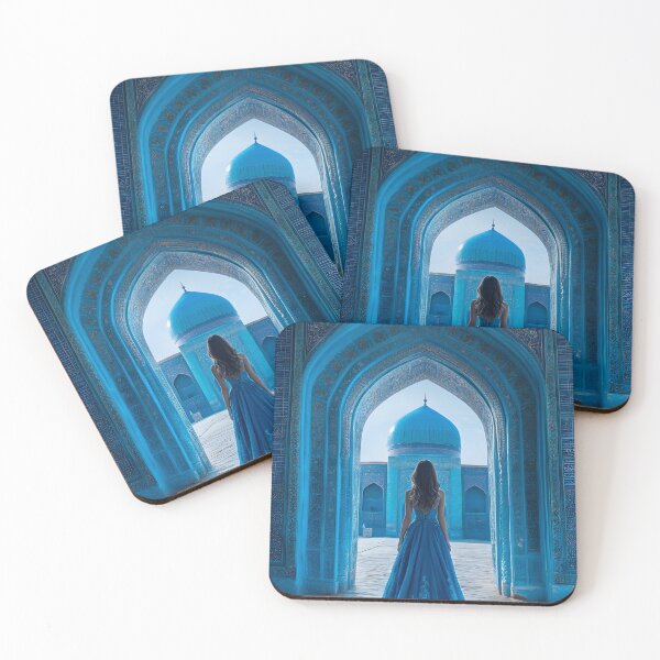 Item preview, Elegant woman in blue dress at a grand blue entrance designed and sold by Artessie.