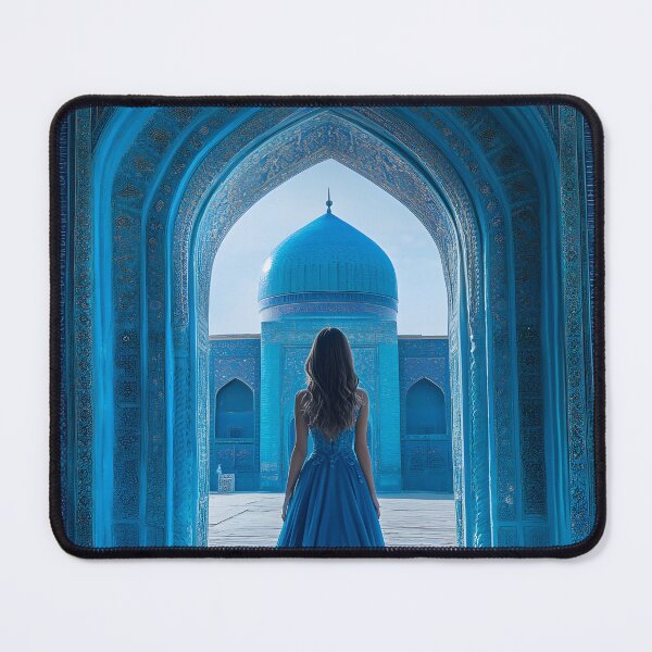 Item preview, Elegant woman in blue dress at a grand blue entrance designed and sold by Artessie.