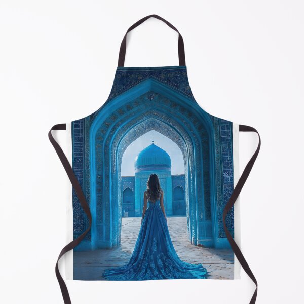 Item preview, Elegant woman in blue dress at a grand blue entrance designed and sold by Artessie.
